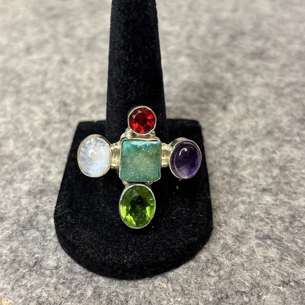 925 Sterling Silver Druzy Agate Moonstone Amethyst Ring Size 7.5 Multi Stone